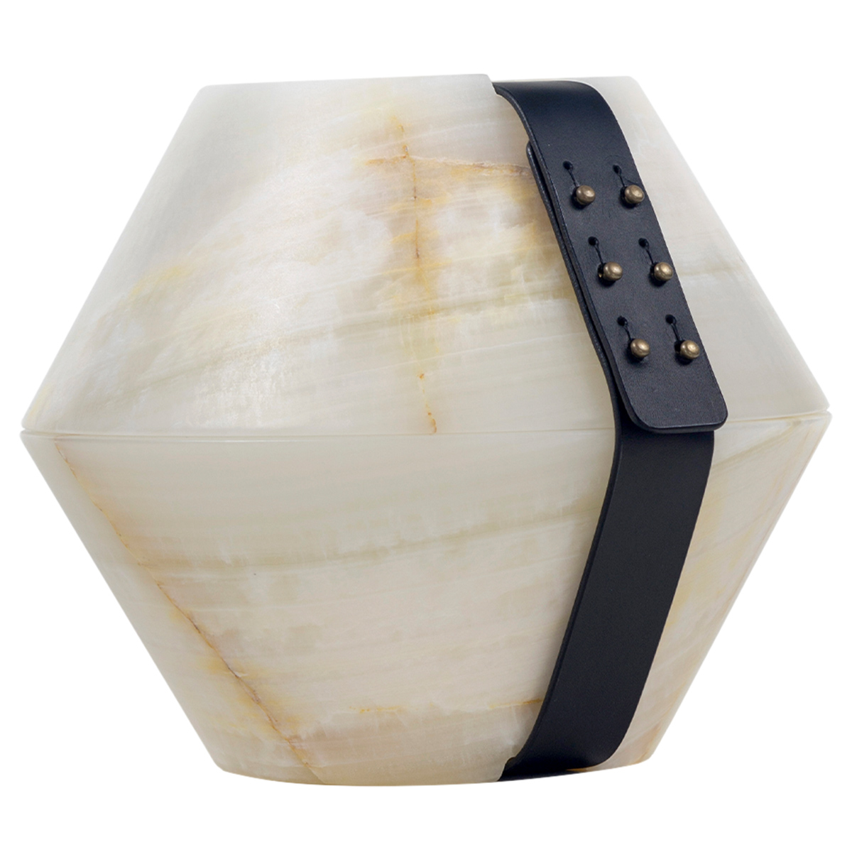 Contenitore design Istanti Inclusi clessidra, marmo onice - pelle nera by Gumdesign